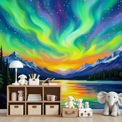 Papier peint auto-adhésif Northern Lights Forest Mountain Scenic Aurora Borealis Sky