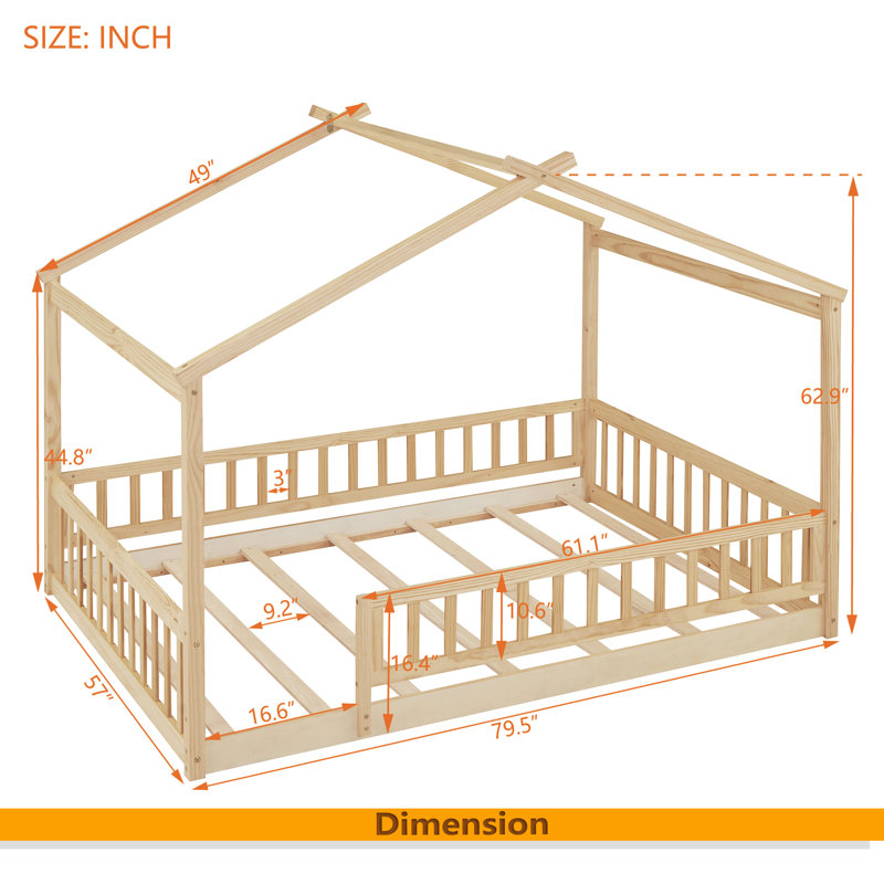 Wood Bed House Bed Frame With Fence, Natural, Full