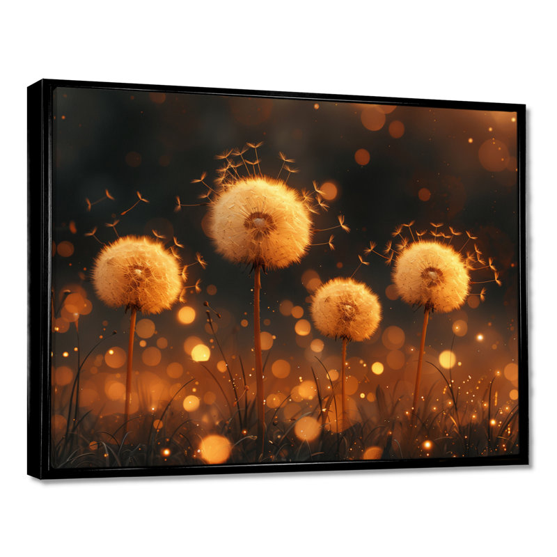 Décoration murale jaune pissenlit doré au lever du soleil - Pissenlit, H 12 po x l 20 po x P 1 po, Cadre flottant noir