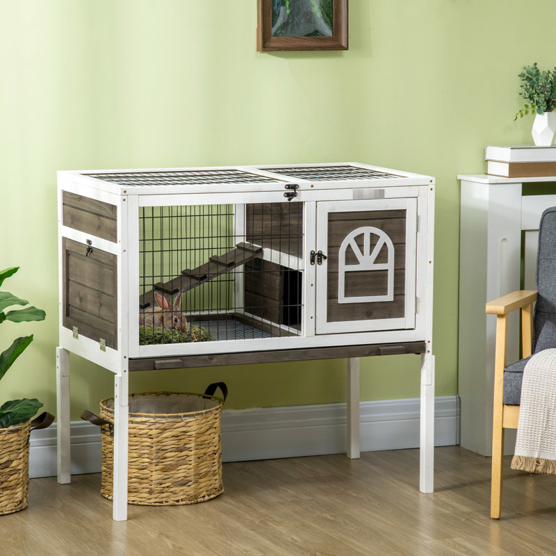 Cage à lapins spacieuse à l'intérieur - Cochon d'Inde surélevé avec couloir, sorties verrouillables, plateau propre amovible, portes d'intérieur brun, café hygiénique amovible