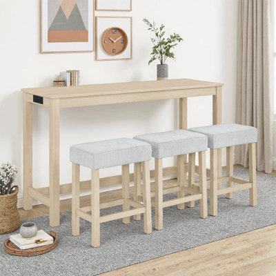 59 Inch Bar Table Set w/ Charging Hub & 3 Upholstered Stools, Industrial Solid Wood Kitchen Island Counter