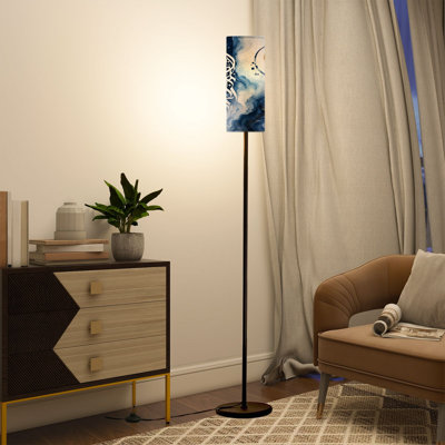  68.5" Standing Floor Lamp Elegant Blue Gold Abstract Flourishes Dimmable Metal Pole Lamp with Linen Lampshade LED Bulb Included