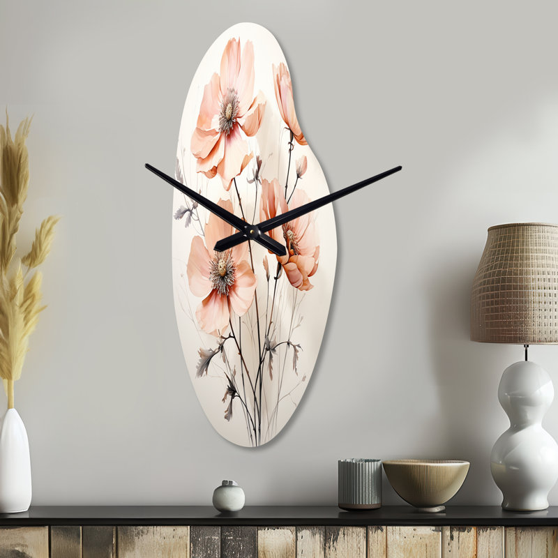 Gerianna, pêche, beige, minimalisme, fleur - horloge florale asymétrique en métal, pêche, Moyenne