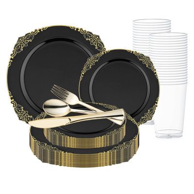 Black with Gold Fancy Round Disposable Plastic Wedding Value Set - 60 Settings