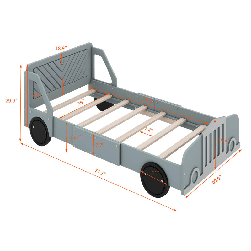 Skylon Twin Size Car-Shaped Platform Bed with Wheels, Gray
