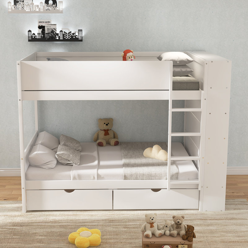 Lit superposé avec 2 tiroirs et armoire à couches multiples, Lit superposé simple sur simple, Blanc