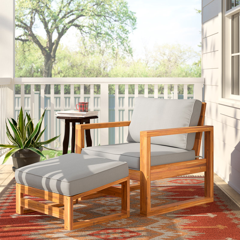 Acacia Wood Patio Lounge Chair and Ottoman and Cushions