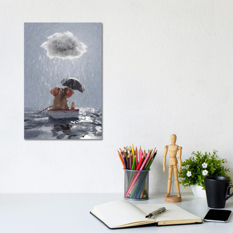 An Elephant And A Dog Float In A Boat In The Rain III by Mike Kiev - Wrapped Canvas Painting, 20.32 cm H x 30.48 cm W