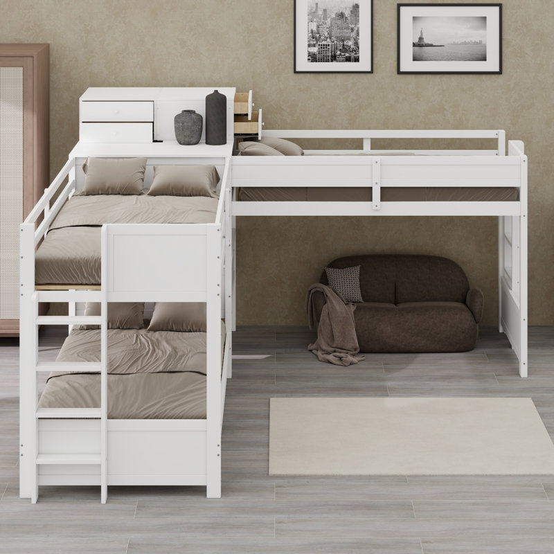 Lit superposé en L avec bureau d'étude et 4 tiroirs, parfait pour les chambres partagées, Blanc