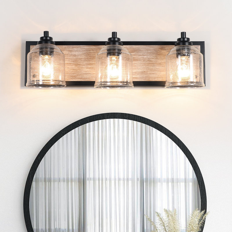     31.5 W 4-Light 23" W 3-Light Farmhouse Faux Wood Grain Vanity Light with Seeded Glass for Bathroom & Mirror, 3