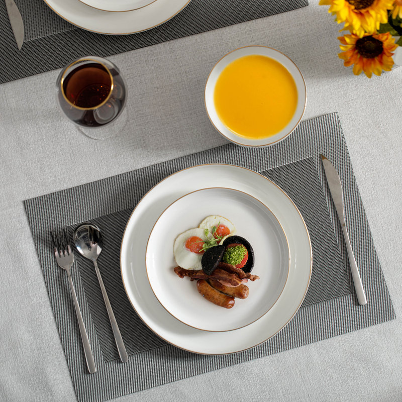 Elegant White Porcelain Dinnerware Set with Gold Accents, Service for 4