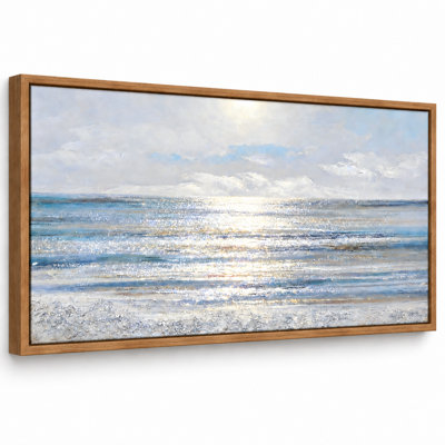 Ocean Wall Art, 24 x 48 in Framed Coastal Seascape Canvas Blue and White Ccean Seascape Canvas, Hand-painted Texture and Gold Accent, Beach Decor for Living Room and Entryway
