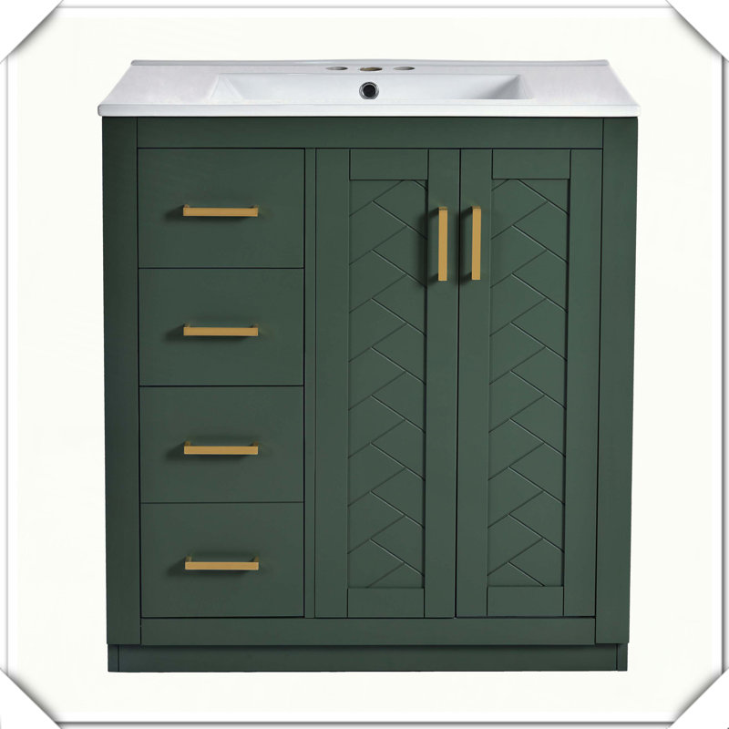 Meuble-lavabo autoportant en bois massif avec tiroirs en céramique et portes à fermeture en douceur, Vert
