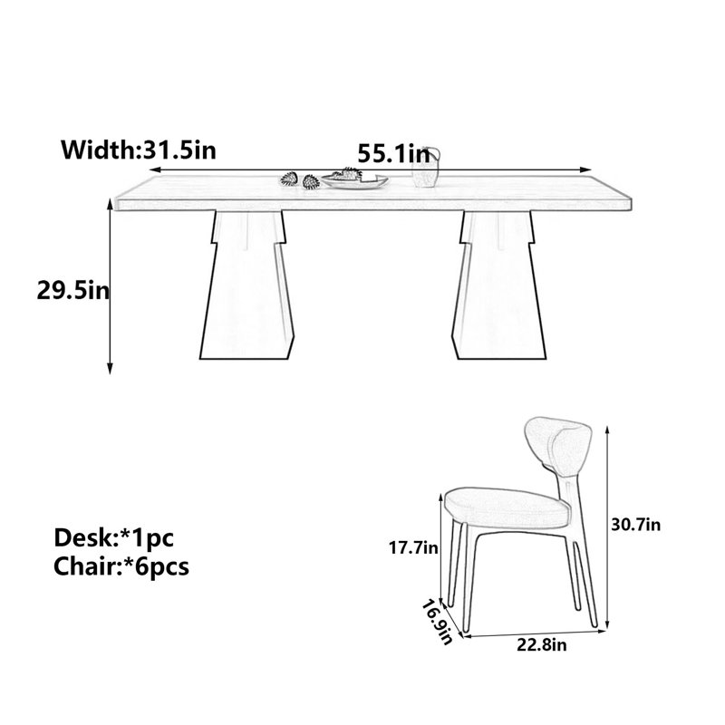 Wabi-Sabi Black Wood & Sintered Stone Table, H 29,5 po x l 55,1 po x P 31,5 po, 7 pièces : table, 6 chaises