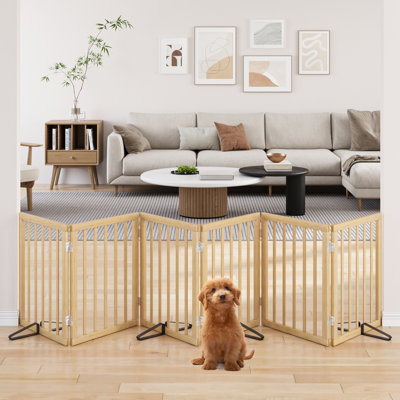 Barrière pour chien autoportante pliable 4 panneaux 110 po en bambou avec 2 pieds de soutien pour les escaliers