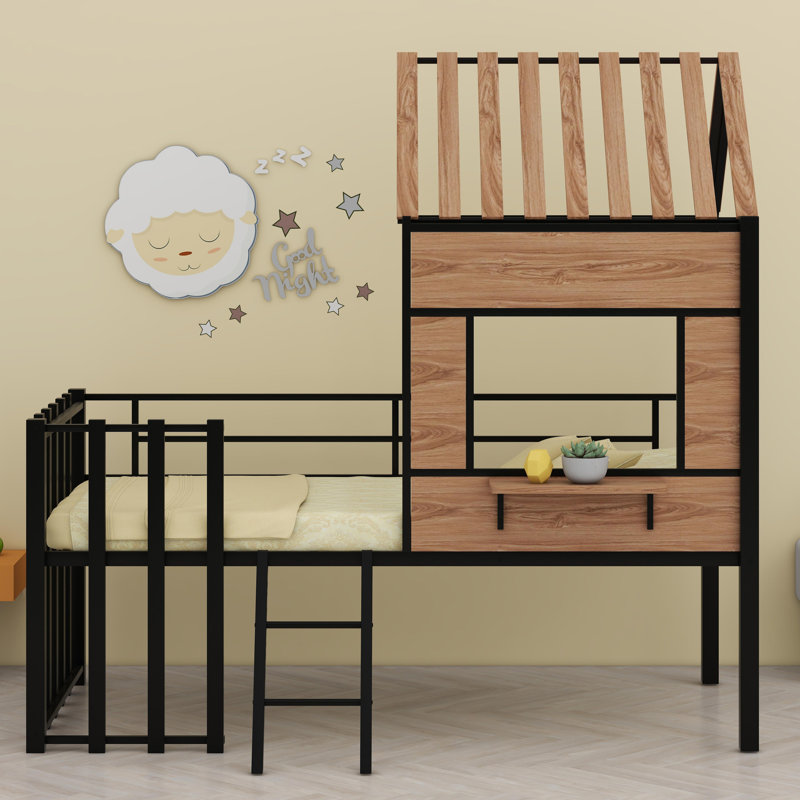 Loft Bed With Roof, Window, Guardrail,, Black