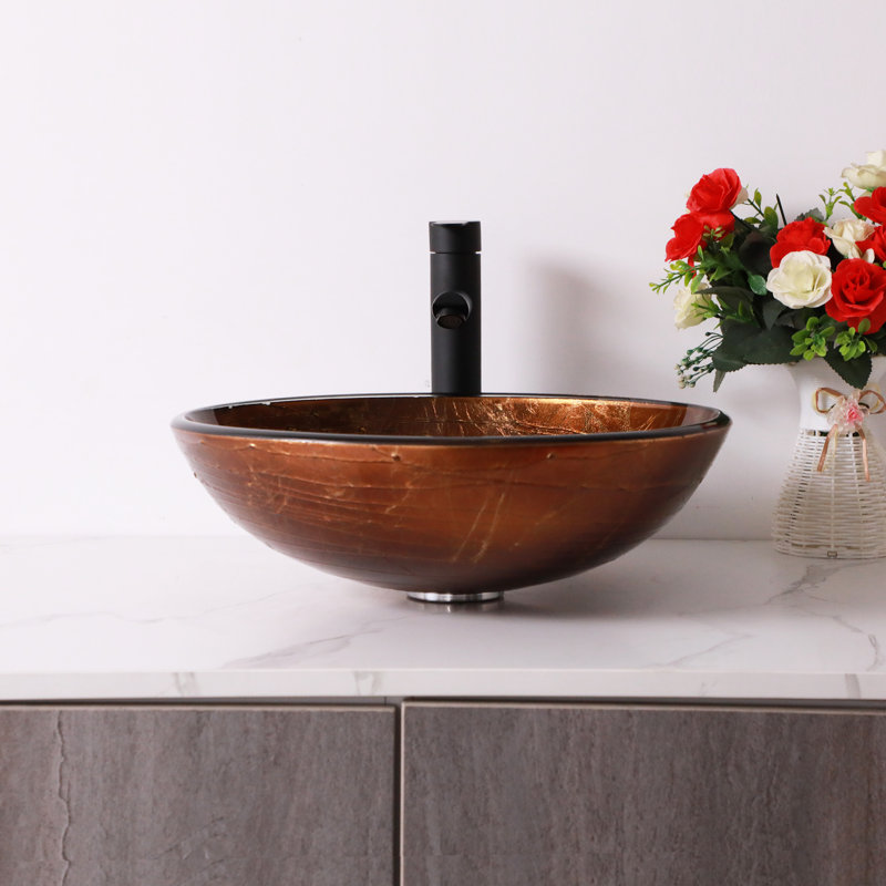 16-1/2 in. Veined Brown Glass Round Vessel Bathroom Basin Sink with Black Pop-up Drain