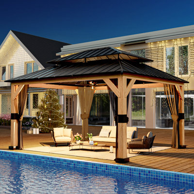 13 Ft. W X 11 Ft. D Solid Wood Outdoor Hard Top Patio Gazebo With Ceiling Hook， Mosquito Netting