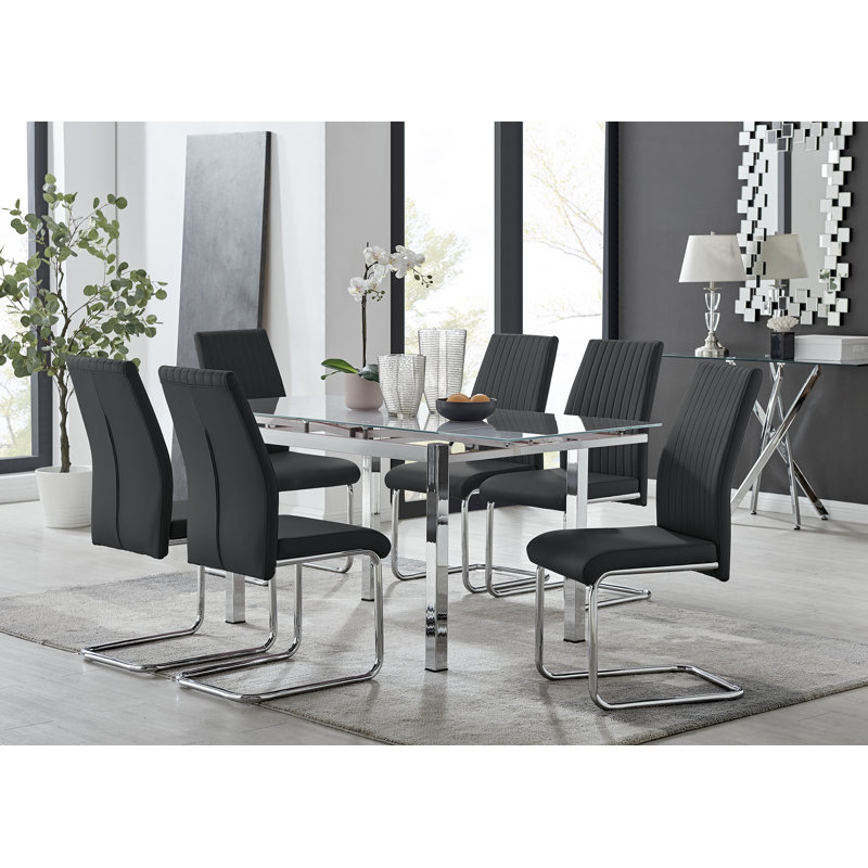 Tierra Modern Glass & Metal Extendable Dining Table Set & 6 Luxury Faux Leather Dining Chairs, Black/Silver