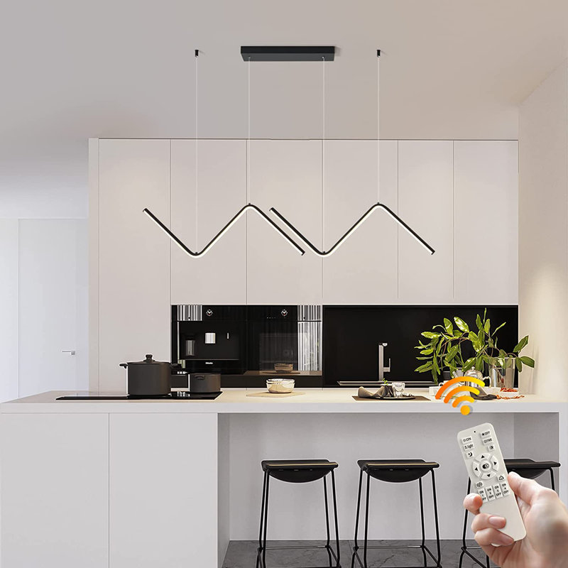 2-Light 120cm LED Kitchen Island Pendant,Dimmable Linear Wave Chandelier Pendant for Dining Room, Black