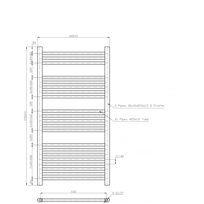 Piazza Straight Towel Rail Heated Towel Rails, 115cm H x 60cm W x 3cm D, Chrome