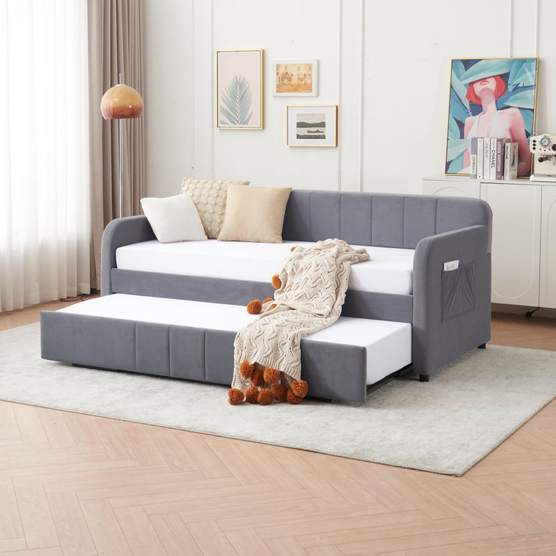 Twin Upholstered Daybed Frame with Trundle, Gray