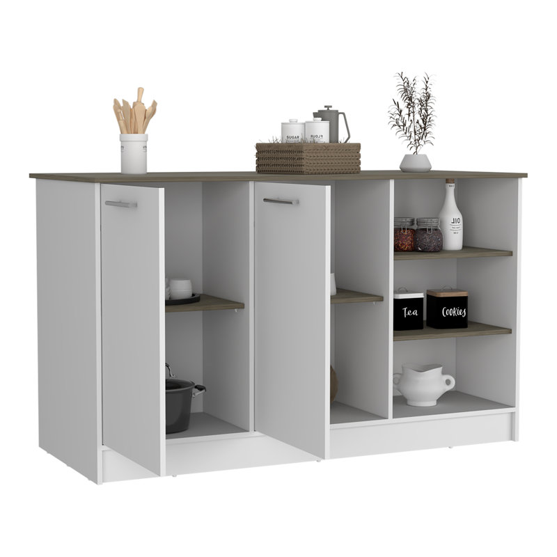 Kitchen Island, Three Open Shelves, Two Cabinets -White / Dark Brown, Brown, Particle Board