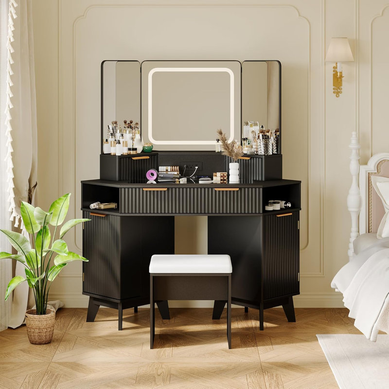 Corner Vanity Makeup Desk with Glass Top & LED Mirror, Natural Wood Fluted Design with Stool, Black