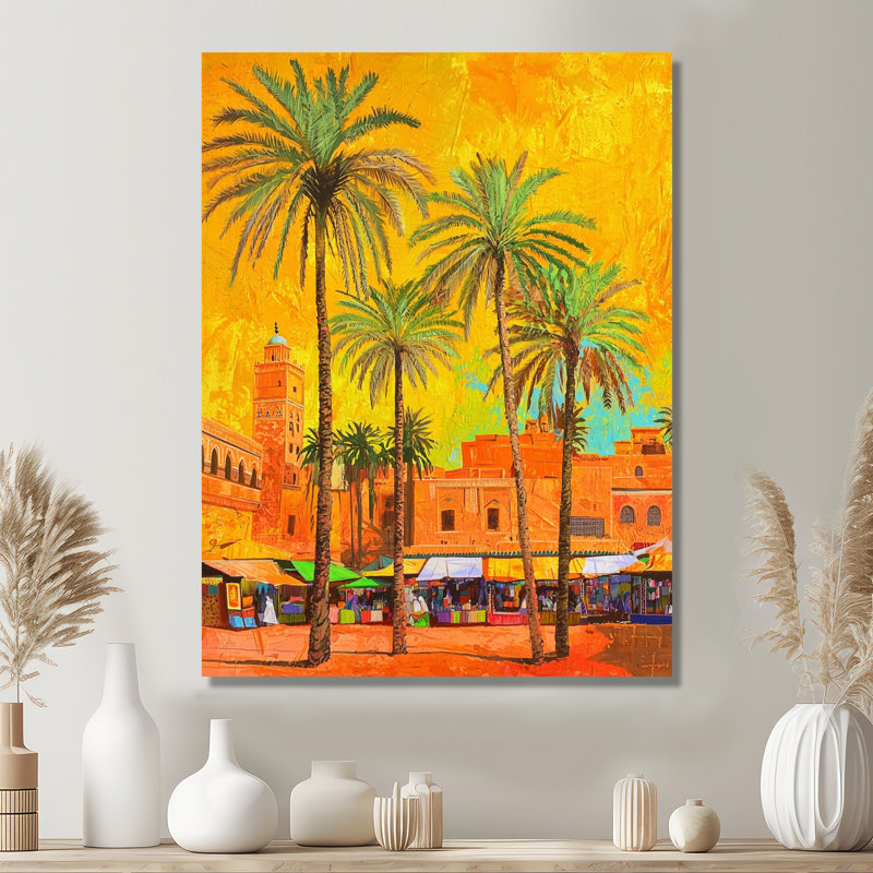 Désert, oasis, art marocain, impression traditionnelle sur métal, H 20 po x l 12 po x P 0,84 po