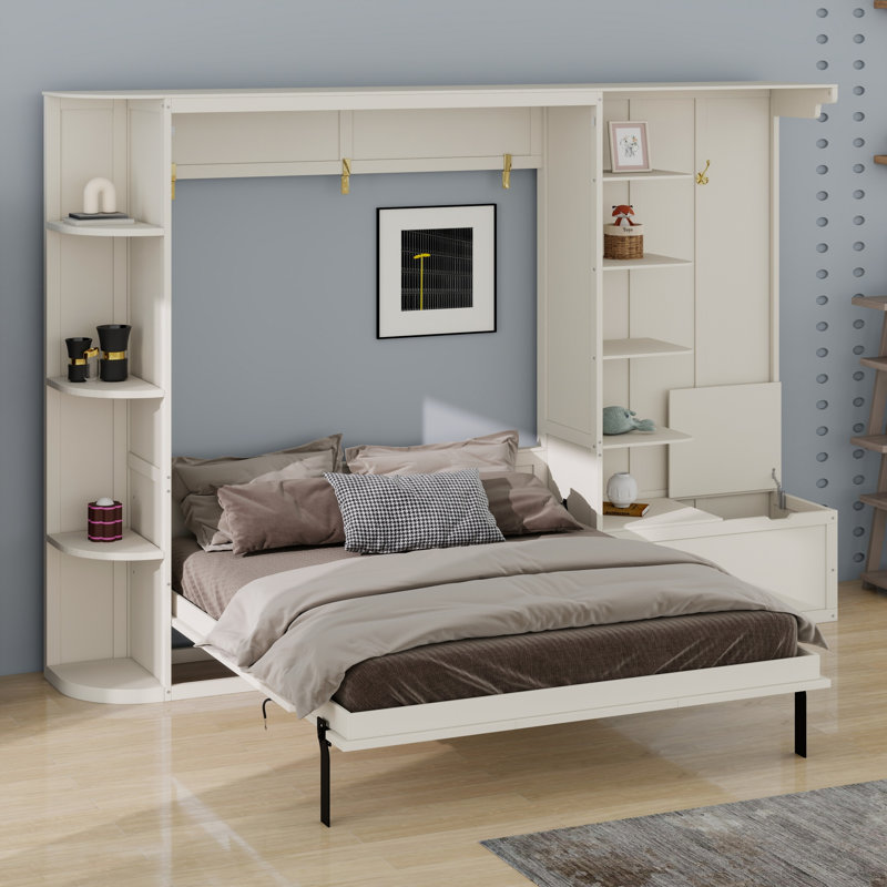 Lit escamotable avec tablettes intégrées et lumières, Blanc