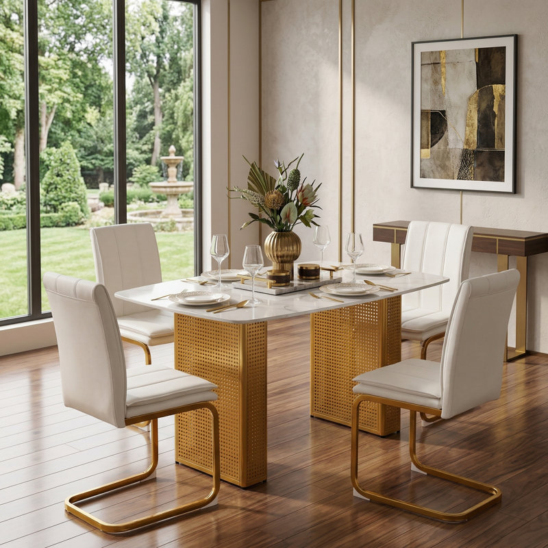 Table de salle à manger rectangulaire moderne en verre trempé avec motif en marbre et base en métal à double piédestal doré, table de cuisine contemporaine pour salle à manger, bureau à domicile