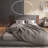 King Size Grey Upholstered Platform Bed With Extended Wood Headboard And Built-In Bedside Shelf
