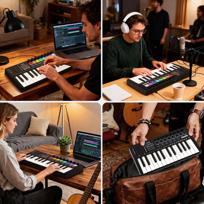 Contrôleur de clavier USB USB 25 touches - clavier portable compact avec 8 Pads sensibles à la vitesse, 8 boutons affectables, affichage OLED, midi sans fil, transposition de demi-tons, commutateur de vitesse - noir
