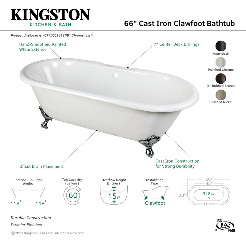 Kingston Brass Aqua Eden 66-Inch Cast Iron Oval Double Ended Clawfoot Tub (7-Inch Faucet Drillings), White/Matte Black