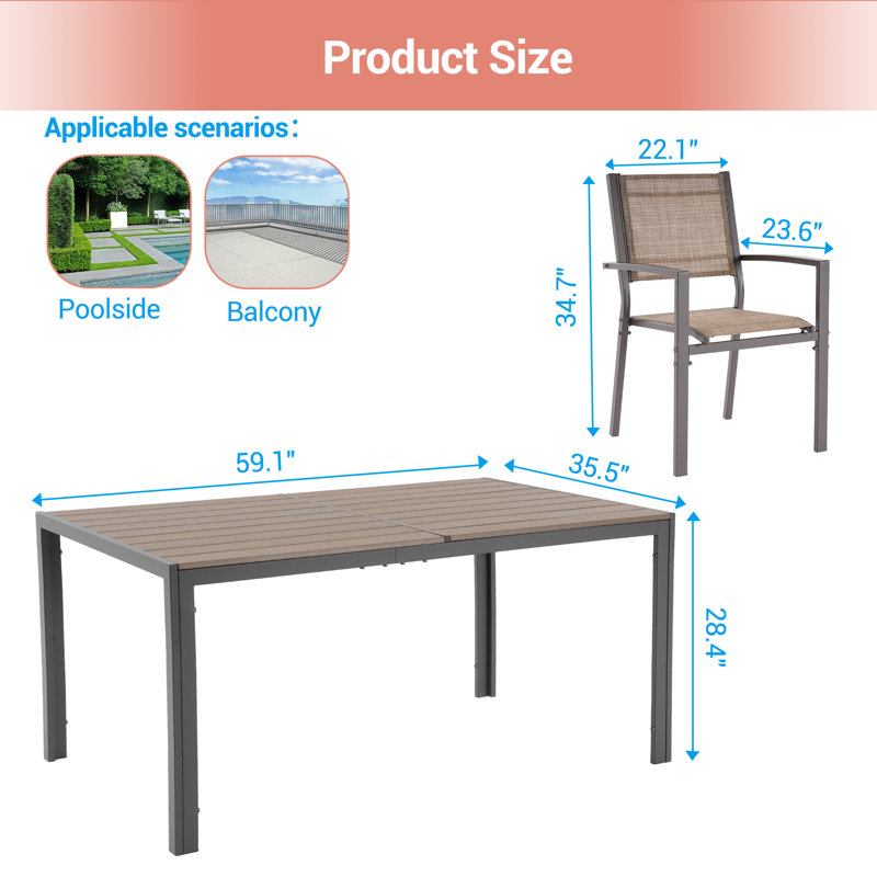 Vladko 6 person Outdoor Restaurant Dining Set Rectangular 59.1'' L Table, Taupe