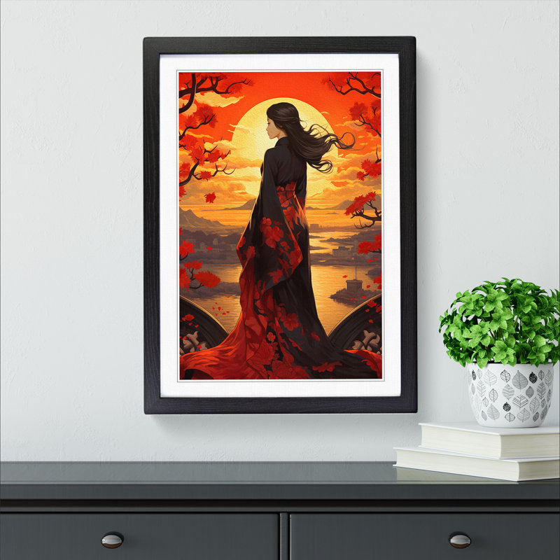 Japanese Sunset Nouveau - Single Picture Frame Print on Wood, 64cm H x 46cm W x 2cm D, Black Framed