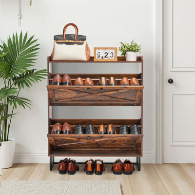 Freestanding Farmhouse Shoe Cabinet With 2 Flip Drawers, Brown Entryway Shoe Storage Organizer With Metal Legs | Gift Idea