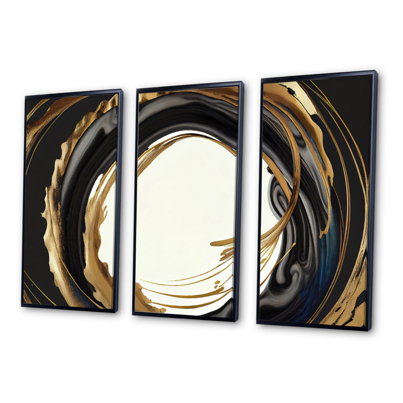 Cercle noir et or III - ensemble d'art mural moderne sur toile, Cadre noir, H 28 po x l 36 po x P 1 po