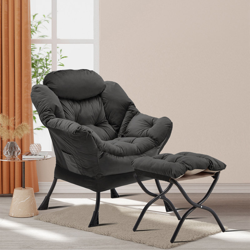 Fauteuil Lazy avec repose-pieds pliant et sac de rangement latéral, fauteuil d'appoint rembourré en velours avec structure en métal, patins antidérapants