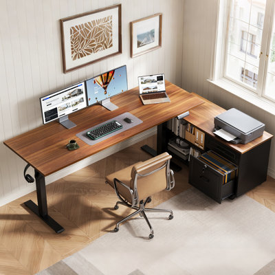 Bureau debout avec classeur spacieux, bureau en L réglable en hauteur avec prises de courant encastrées, bureau à domicile avec structure robuste