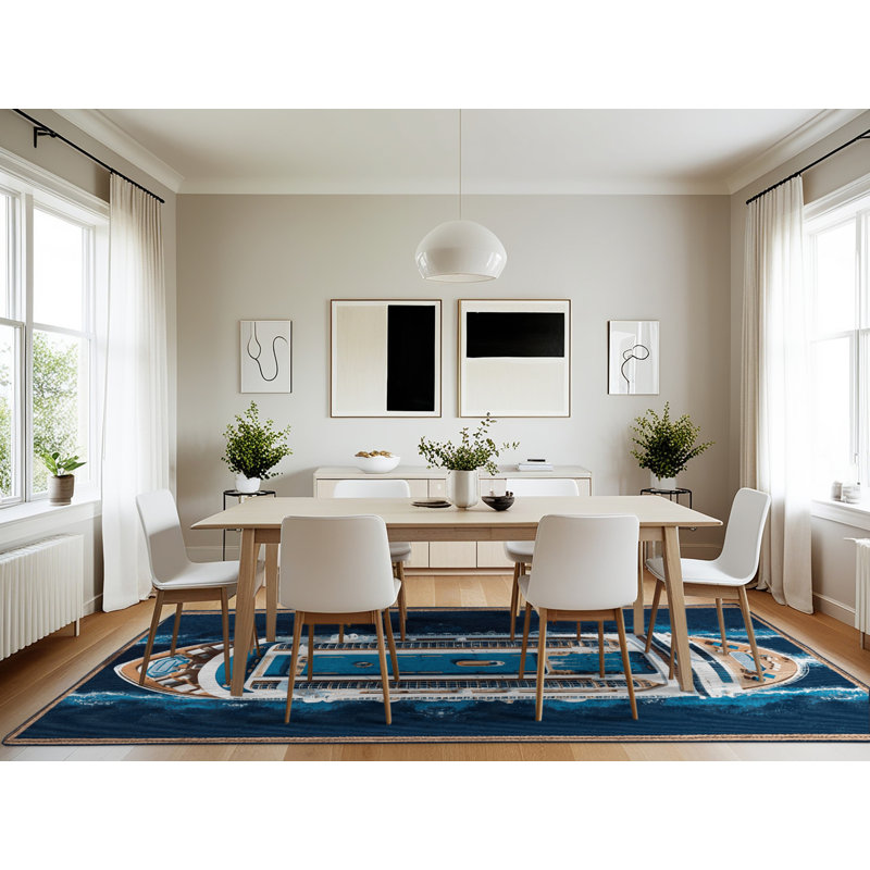 Machine Washable Transportation Blue Area Rug, Rectangle 7' x 10'