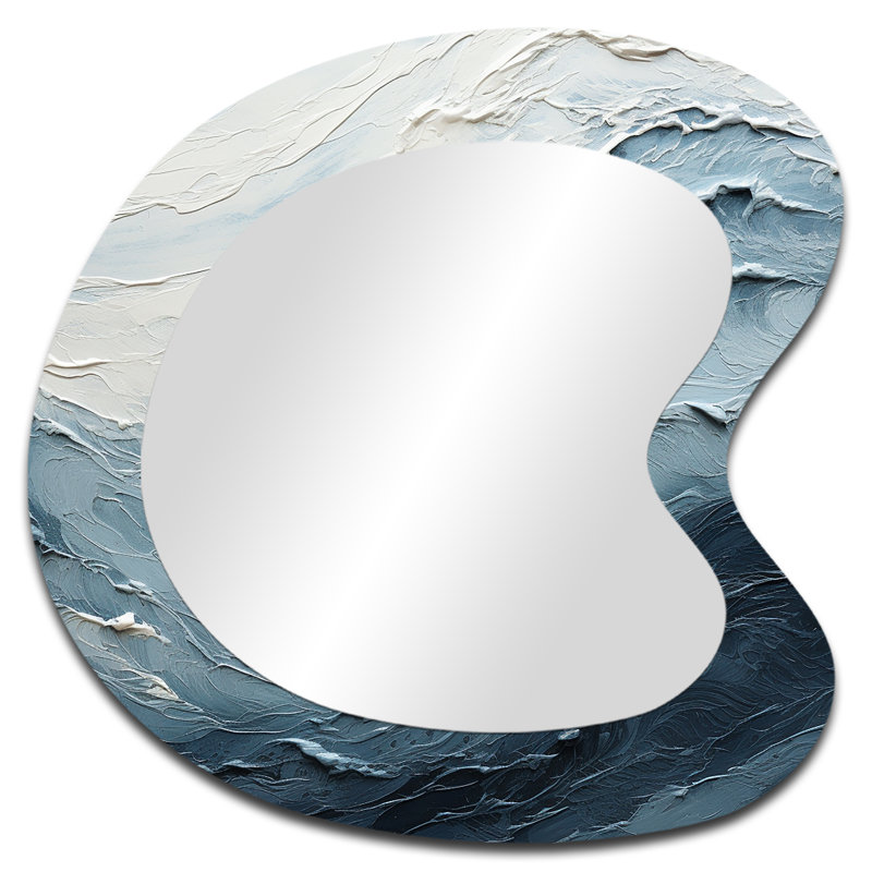 Alitzel Minimalism Black And Blue Paint Wave II - Coastal Asymmetrical Unique Mirror, Blue Freeform Large Wall Mirror, Printed Metal Art
