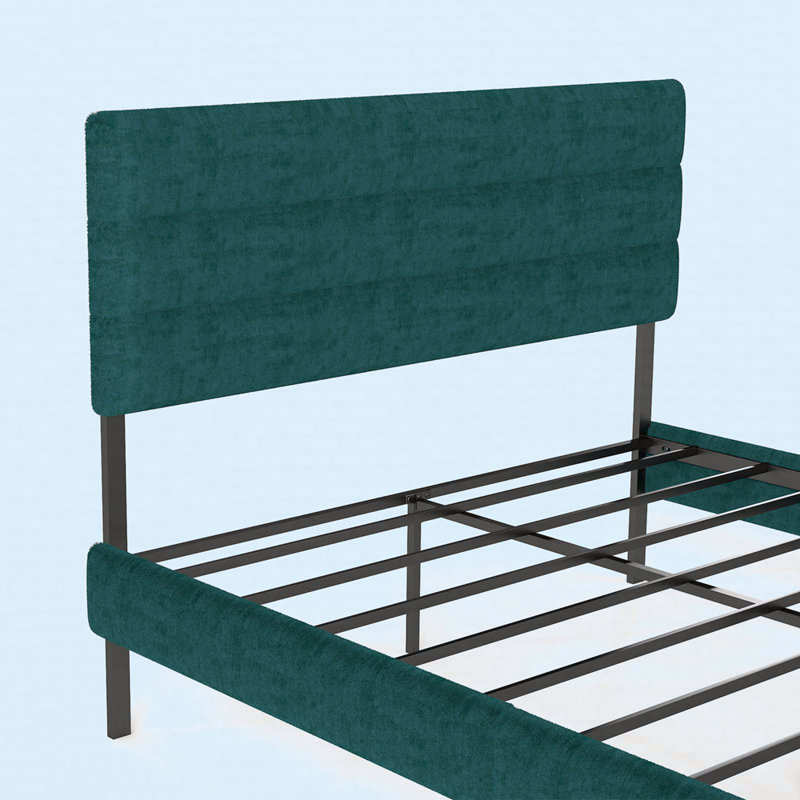 Structure de lit tapissier moderne - avec tête de lit, sans sommier, rangement sous le lit 14 po, Grand lit, Vert
