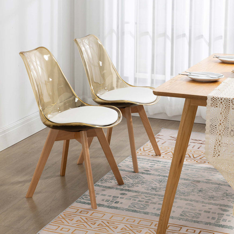 Fashank Set of 2 Modern Elegant Shell Upholstered Dining Chairs, Wooden Side Chair for Bedroom, Kitchen, Clear Light Brown