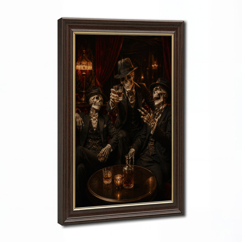«Three Skeleton Men in Suits Dr buing Whiskey in Halloween», art mural sur toile, H 24 po x l 16 po