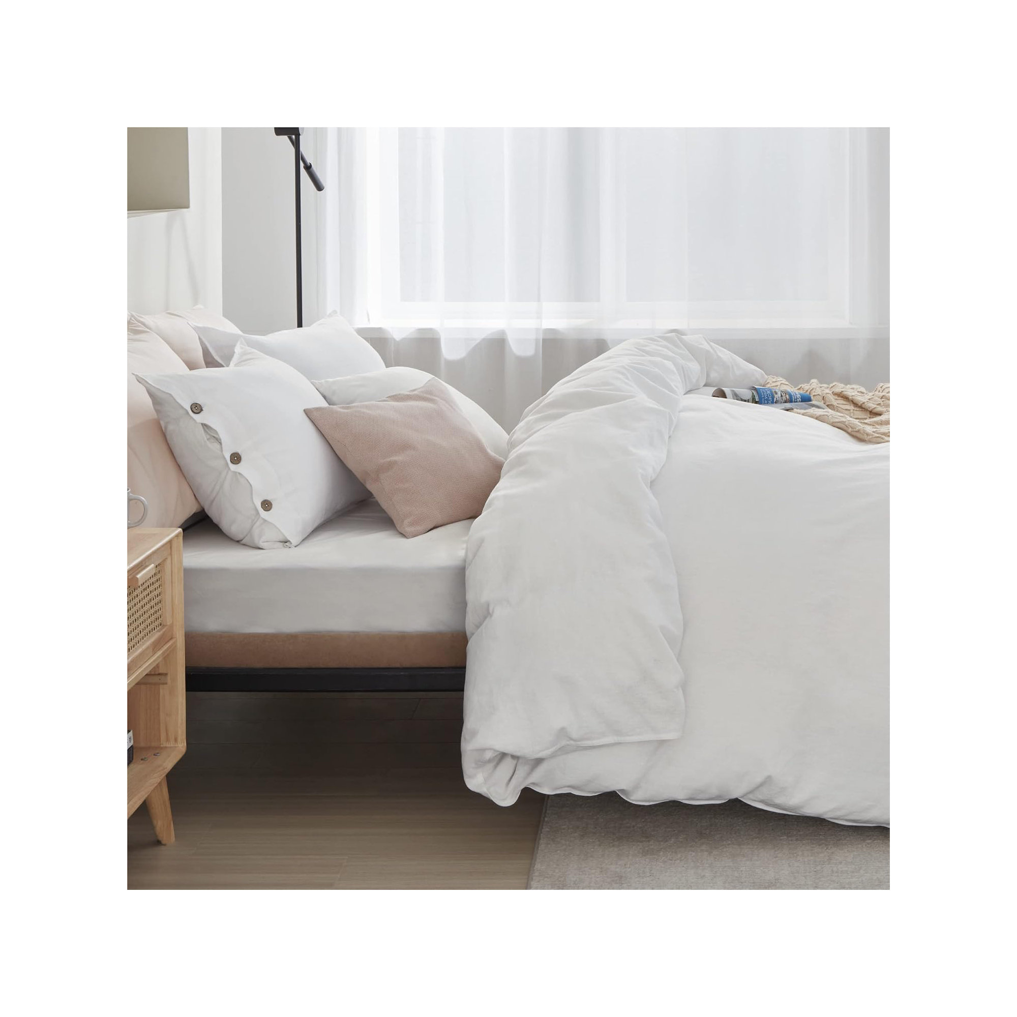 Bedsure Linen Cotton Blend Duvet Cover Set, Queen Duvet Cover + 2 Standard Pillowcases, White