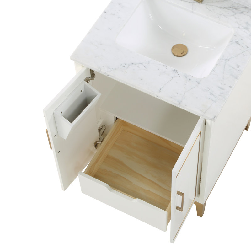 Gracie 24'' Single Bathroom Vanity with Top, Carrara Marble/Single Faucet Mount, Satin White (Cream White)