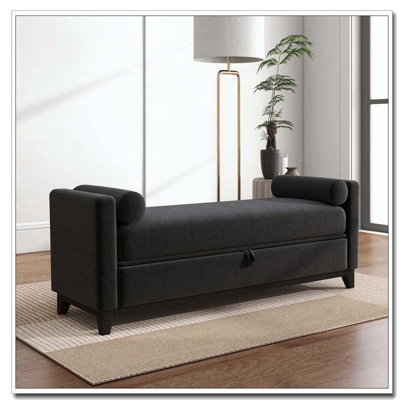 Banc rembourré en bois massif, 66 Inch+Storage, Noir
