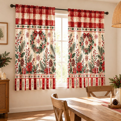 2Pcs Christmas Wreath Pinecone Floral Curtains, Festive Red Buffalo Plaid Modern Farmhouse Kitchen Window Drapes, Light Filtering Curtain For Living Room Dining