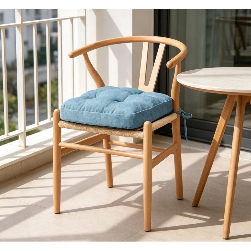 Set of 4 Tufted Dining Chair Cushions 16.5"x16.5"x3.5" with Ties & Non-Slip Backing, Light Blue, 4, Light Blue